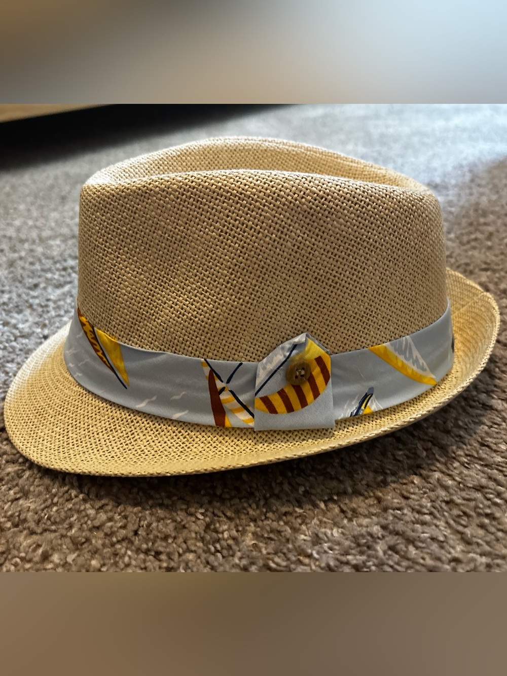 Baby Straw Fedora Hat with Light Blue Sailboat Band